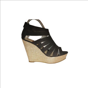 Elle Glitter Caged Faux Suede Platform Wedges Size 7.5
